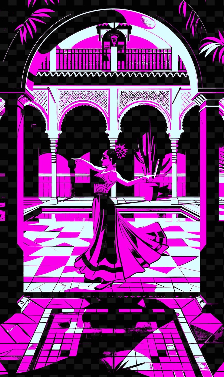 PSD bailarina de flamenco actuando en un patio español con idea de cartel musical de ilustración vectorial de colores