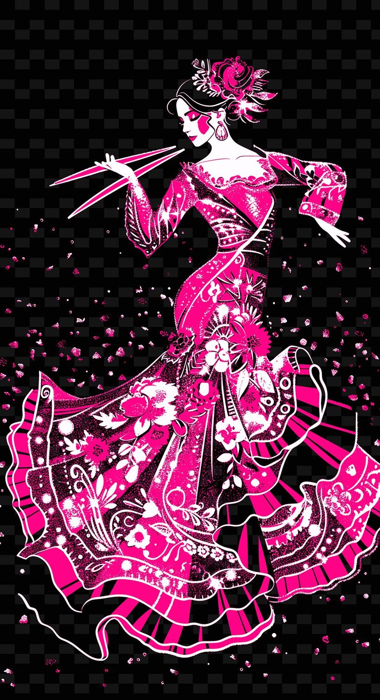 PSD bailarina de flamenco con un vestido vibrante con castañas en la mano po vector ilustración idea de cartel musical