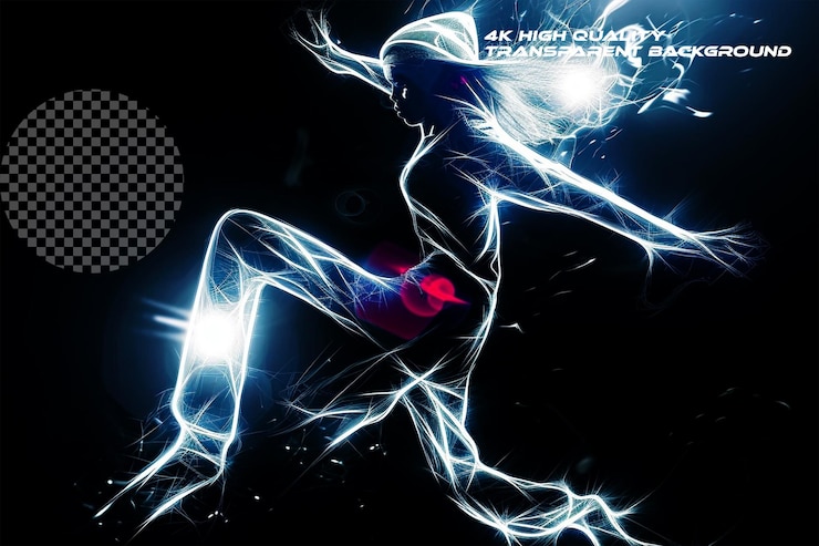 PSD bailarina de hip hop salta en el fractal oscuro sobre un fondo transparente