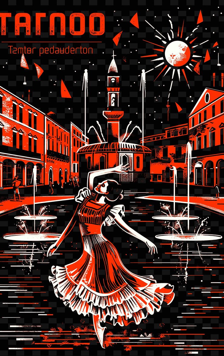 PSD bailarina de tarantela en una plaza italiana con fuentes y diseños de carteles musicales de ge illustration