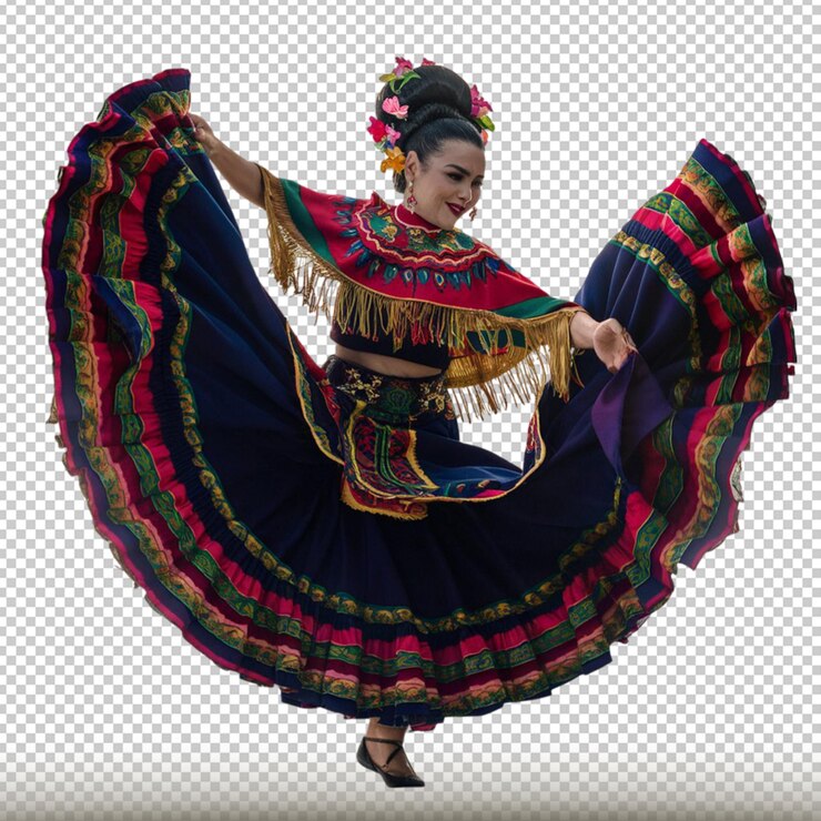 PSD bailarina tradicional hispana con trajes folclóricos coloridos aislados en un fondo transparente