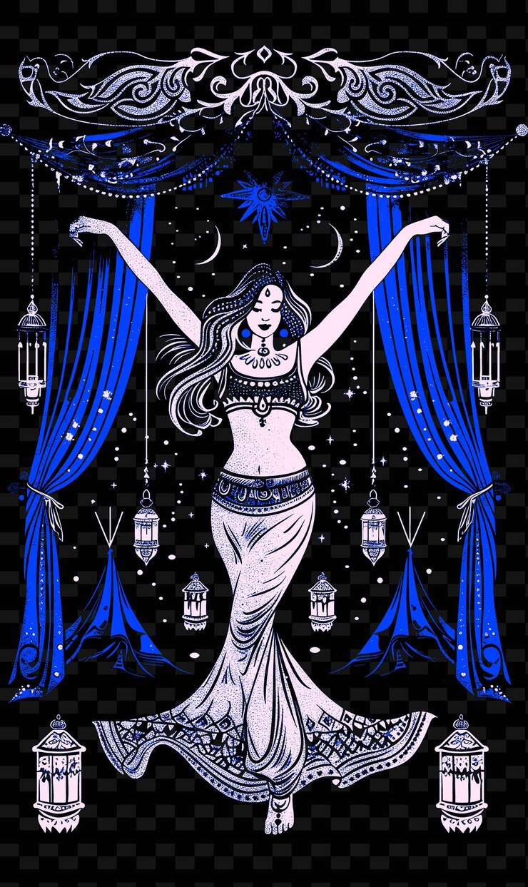 PSD bailarina del vientre de oriente medio actuando en una tienda del desierto con diseños de carteles de música ilustrados