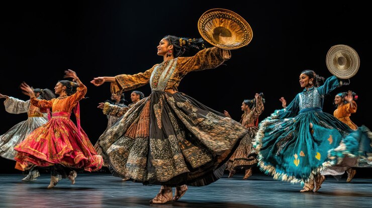 PSD bailarines que actúan con trajes tradicionales de colores