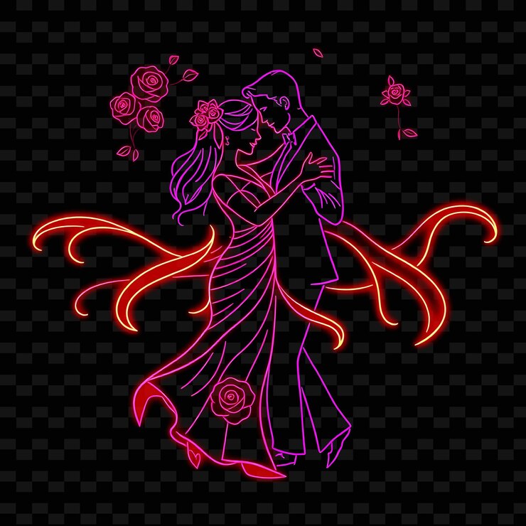 PSD bailarines de salsa en abrazo diseño de arte romántico de neón con cálido tema de color rojo y púrpura decorado con ingenio