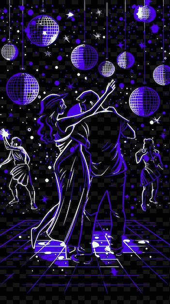 PSD bailarines de salsa actuando en un club nocturno con bolas de discoteca y diseños de carteles de música ilustrados