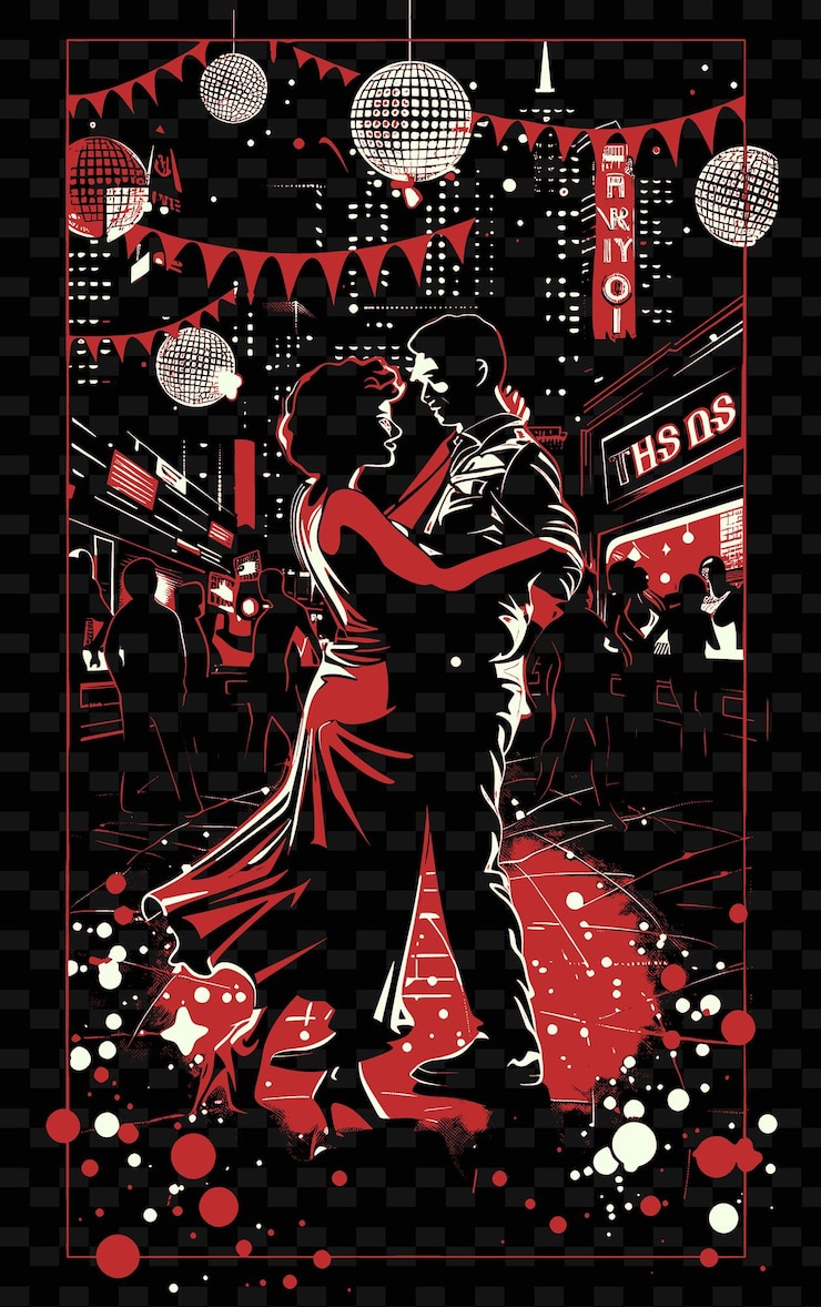 PSD bailarines de salsa en un club de la ciudad de nueva york con bolas de discoteca y n diseños de carteles de música de ilustración