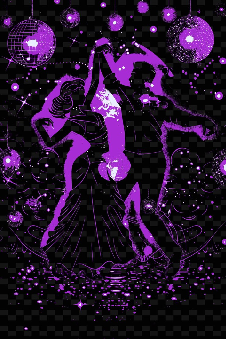 PSD bailarines de salsa en un club nocturno con bolas de discoteca y diseños de carteles de música con ilustraciones de luz de neón