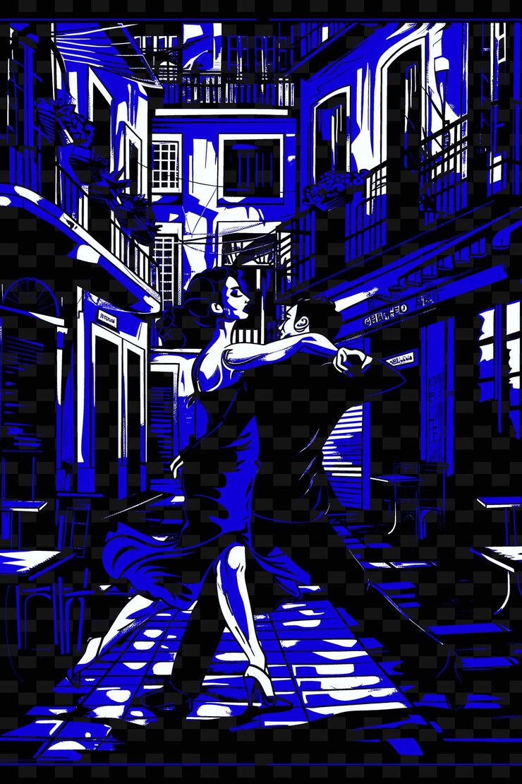 PSD bailarines de tango actuando en una calle de buenos aires con cafés ilustración diseños de carteles de música