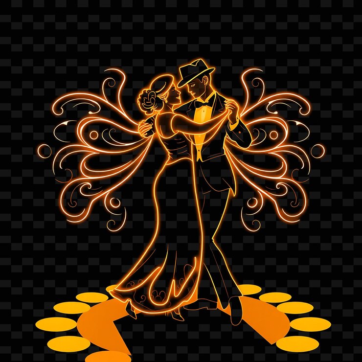 PSD bailarines de tango en una postura dramática diseño de arte vintage de neón con ilustración de sophis personaje de neón