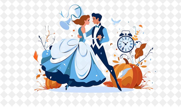 PSD baile de contos de fadas com cinderela e príncipe encantado dançando d pessoas estilo de vida ilustração plana