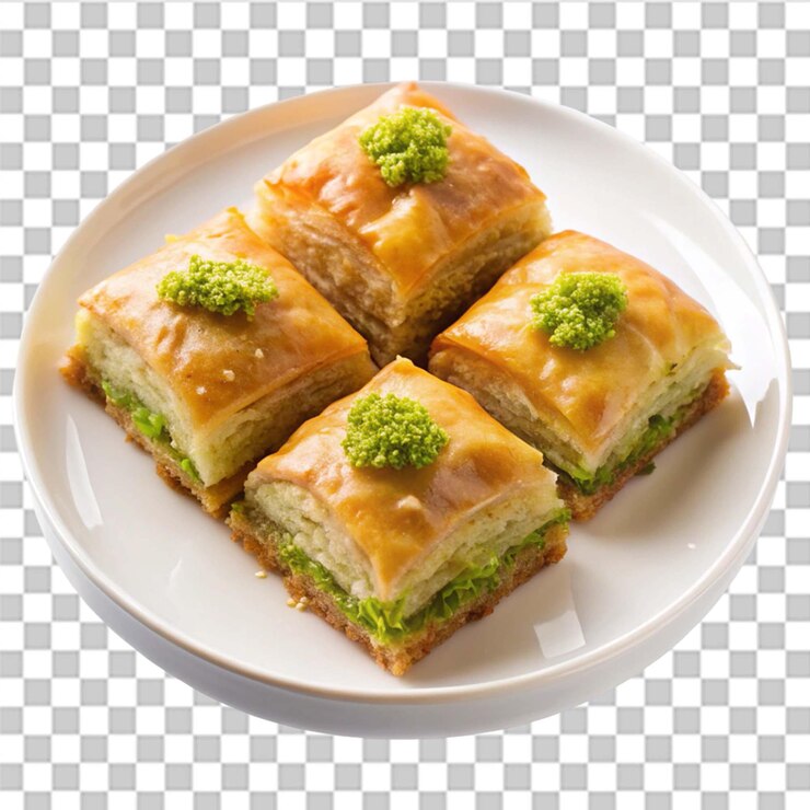 PSD baklava con pistachos en un plato blanco aislado sobre un fondo transparente