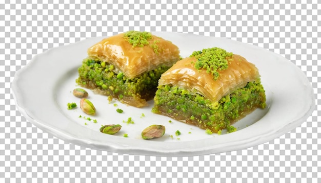 PSD baklava con pistachos en un plato blanco aislado sobre un fondo transparente