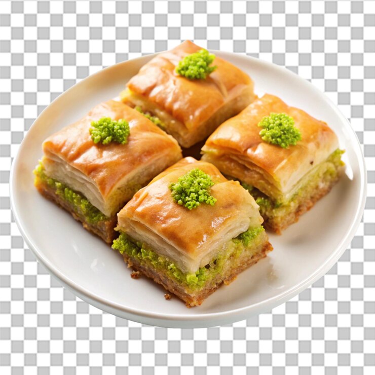 PSD baklava con pistachos en un plato blanco aislado sobre un fondo transparente