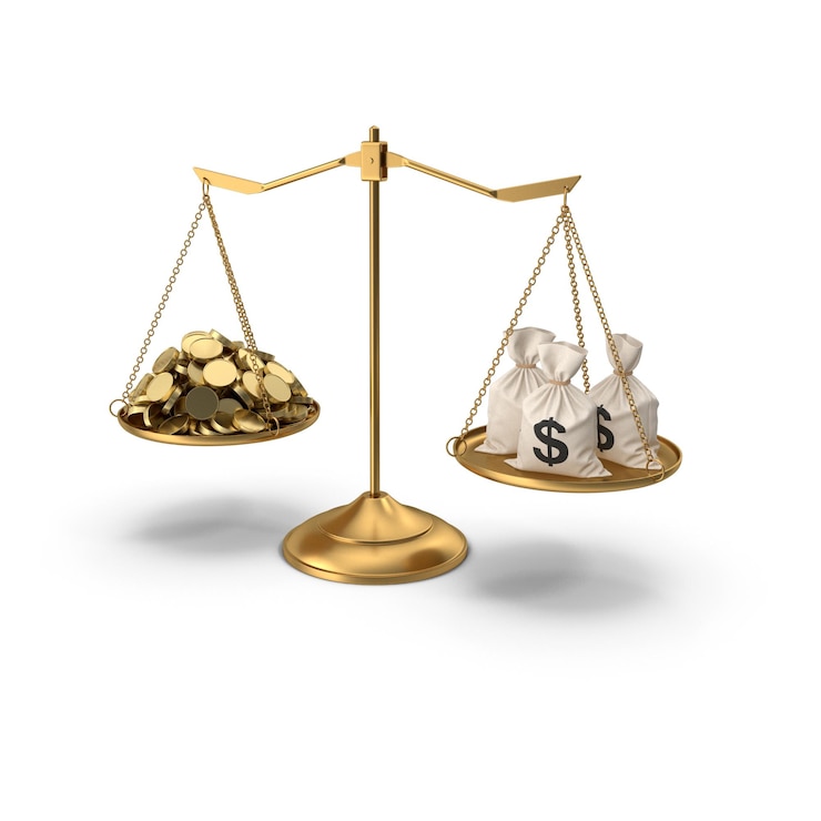PSD balance between gold coins and money bags on scale
