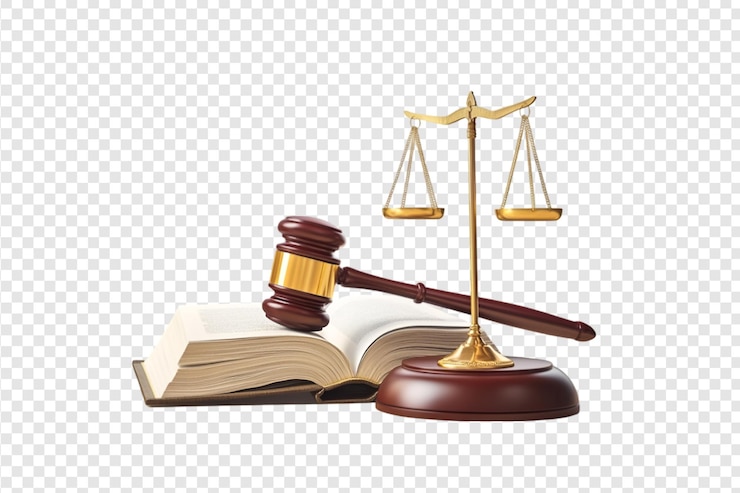 PSD balance de gavel de justice et livre de droit isolé sur un fond transparent