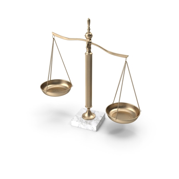 La balance d'or de la justice sur une base de marbre