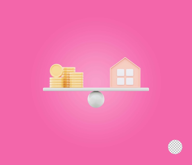 PSD balanceo de la balanza con pila de monedas y casa que representa el icono de inversión inmobiliaria 3d