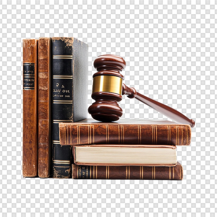 PSD les balances du marteau de justice et les livres de droit isolés sur un fond transparent