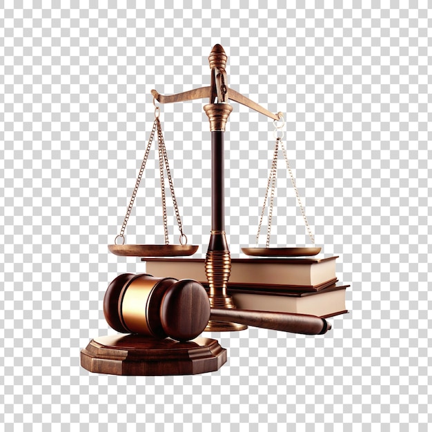 Les balances de la justice, le marteau et les livres de droit isolés sur un fond transparent