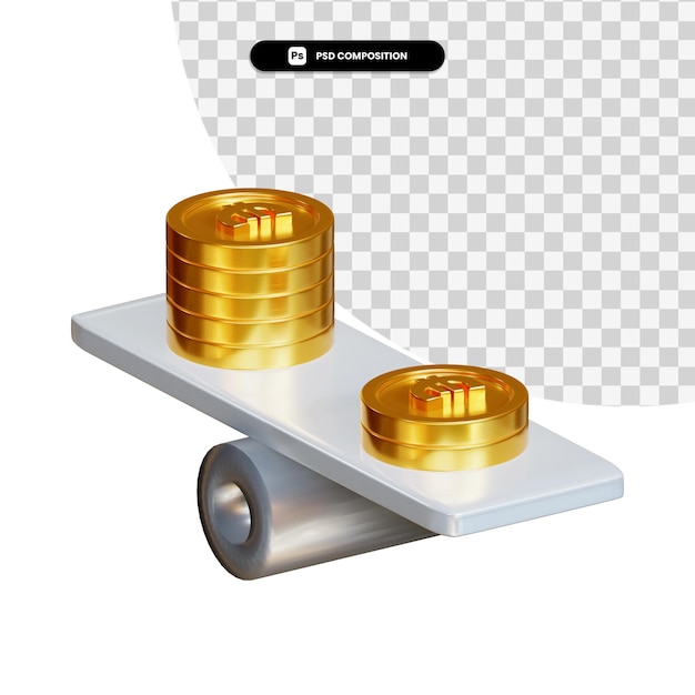 Balanza con moneda de oro en renderizado 3d