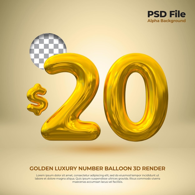 Balão 3d realista número 20 dólares psd premium de luxo dourado