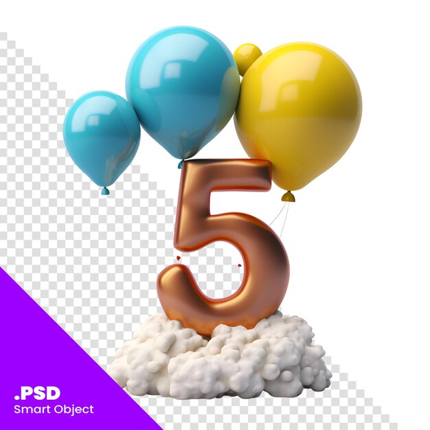 PSD balão de comemoração de aniversário número 5 com nuvens e balões. modelo psd de renderização 3d