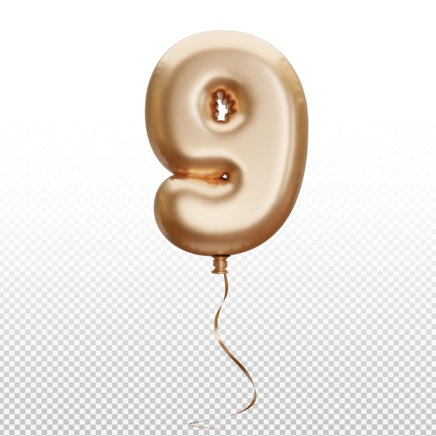 Balão Número 9 ilustração 3D de fundo transparente isolado dourado realista