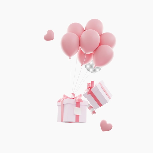 balão rosa voando com uma decoração de caixa de presente feliz. renderização em 3D