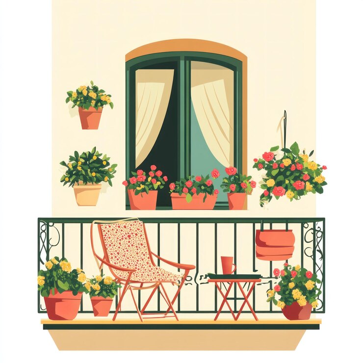 PSD balcão floral colorido com mesa de cadeiras e plantas em vasos