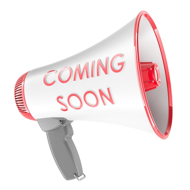 Bald kommt ein Konzept mit Megaphone 3D-Rendering, isoliert auf transparentem Hintergrund
