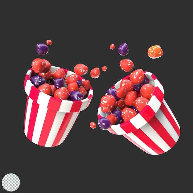 PSD balde cheio de ícone isolado de ilustração 3d de doces de pipoca