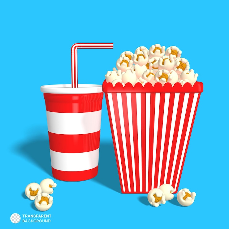 PSD balde de pipoca e ícone de copo de suco isolado ilustração de renderização 3d