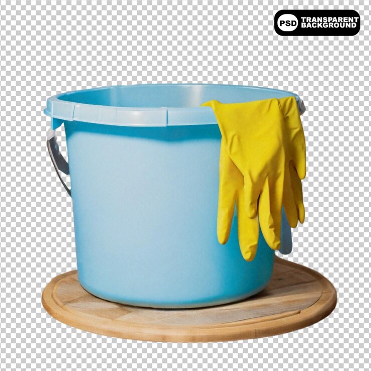 PSD balde de plástico com luvas de borracha para limpeza png isolado em fundo transparente