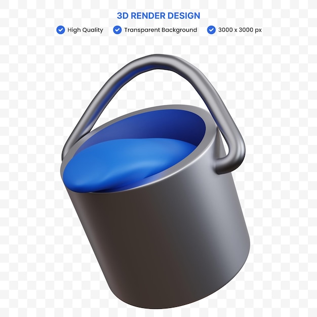 Balde de tinta prateada de renderização 3d com tinta azul isolada