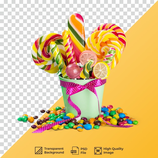 balde de piruletas y dulces de colores con fondo transparente