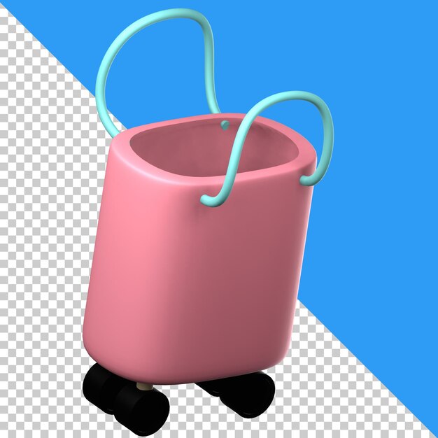 Un balde rosa con asas azules y un asa azul.