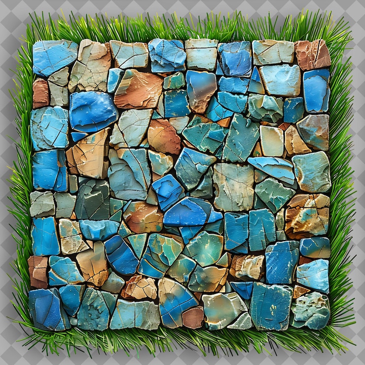 PSD una baldosa de mosaico verde y azul con la palabra piedras en él