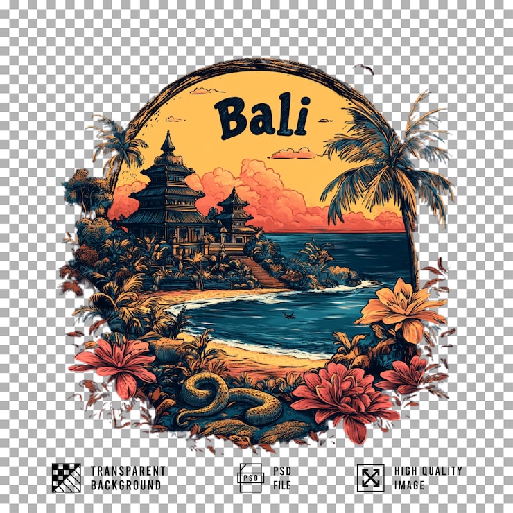 PSD bali temple and island view poster without background