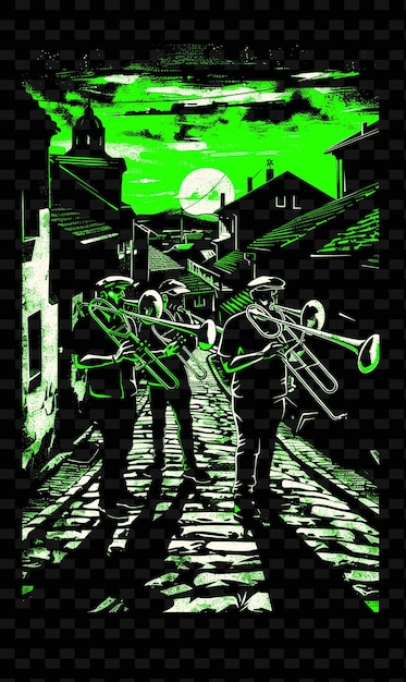 PSD balkan brass band tocando em uma praça da aldeia com cobblesto vector illustration music poster idea