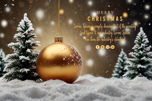 Une balle de Noël en or est dans la neige avec Joyeux Noël