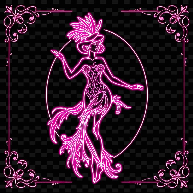 PSD ballerina burlesca con piume neon art nouveau design con elegante tema di colore rosa e nero de