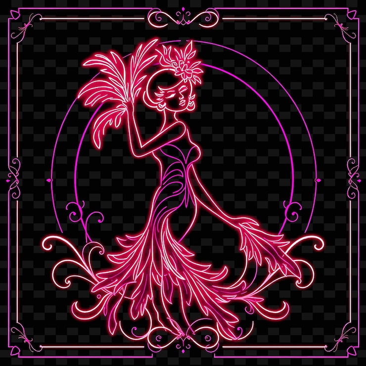 PSD ballerina burlesca con piume neon art nouveau design con elegante tema di colore rosa e nero de