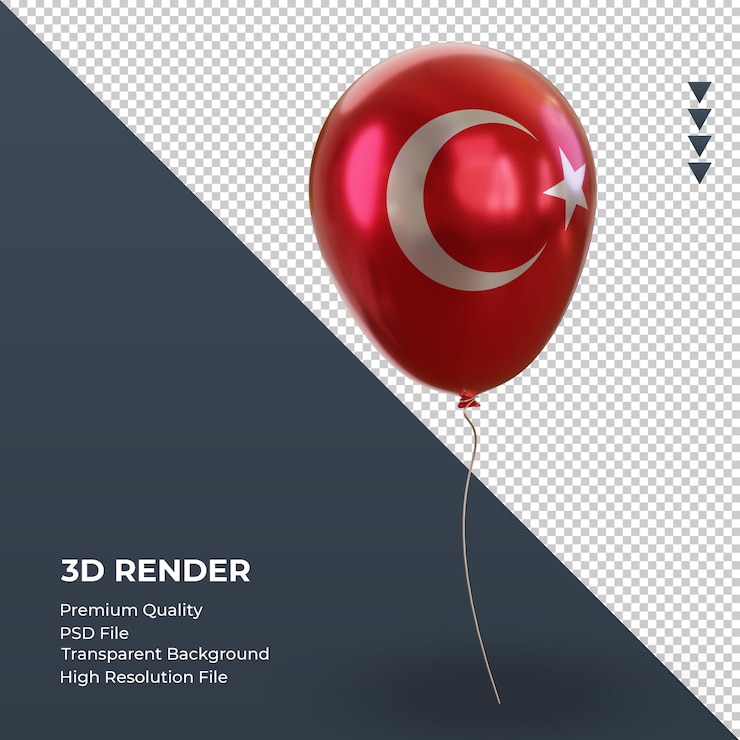 PSD ballon 3d drapeau turquie feuille réaliste rendu vue de gauche