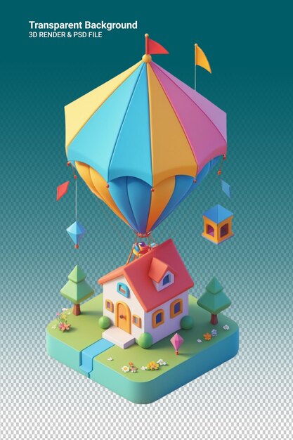 PSD un ballon d'air chaud coloré avec une maison en haut et une maison en bas
