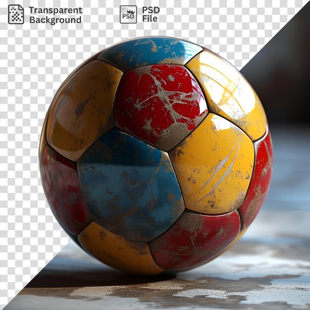 PSD ballon de football unique avec un motif peint sur table accompagné d'un œuf brillant et d'une ombre sombre