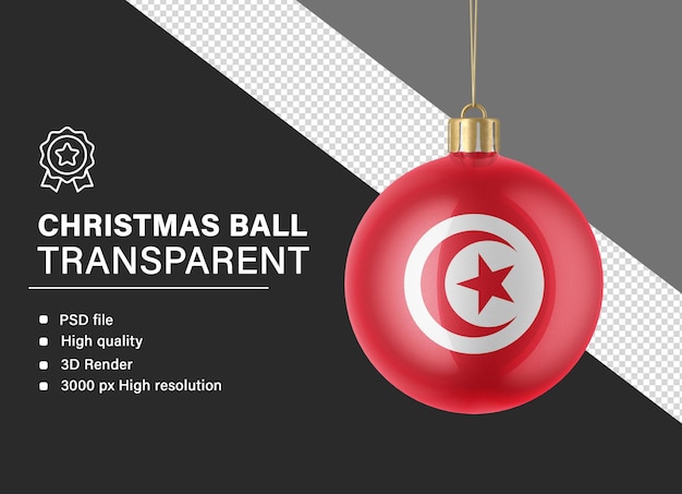 Ballon de Noël 3D avec le drapeau de la Tunisie isolé sur un fond transparent