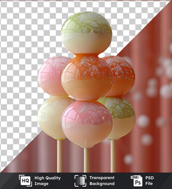 PSD des ballons de dango de différentes couleurs, dont le rose, l'orange et le blanc, sont disposés en rangée sur un bâton.