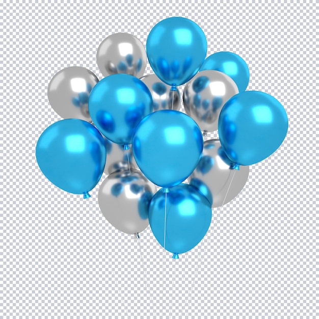 PSD balões 3d azuis e brancos isolados que flutuam para fundo de maquete de feliz aniversário