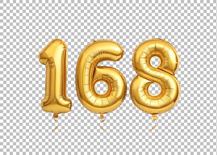 Balões de hélio dourados formando o número 168 para uma celebração