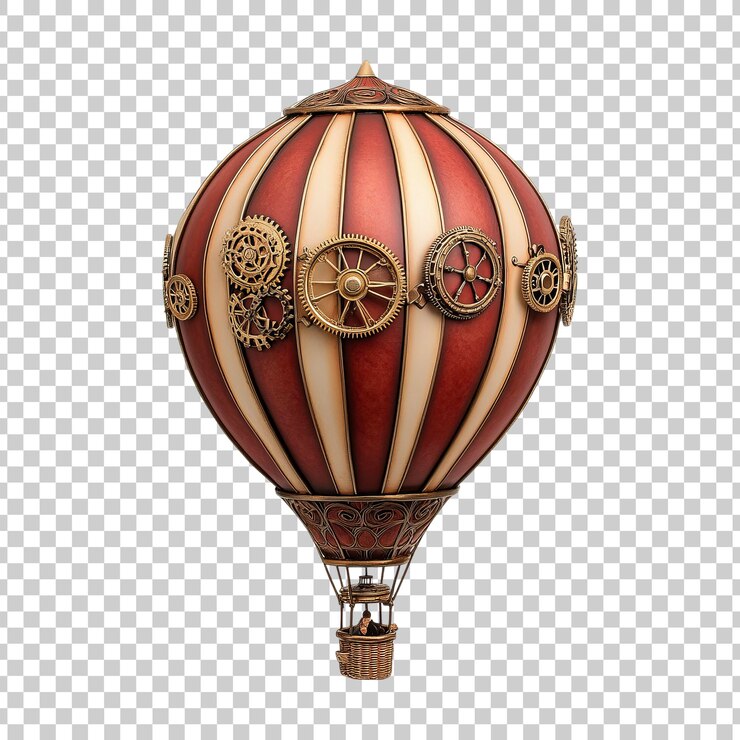 PSD balón de aire caliente decorativo con detalles de bronce y patrones intrincados en un fondo transparente